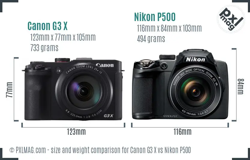Canon G3 X vs Nikon P500 size comparison Canon G3 X vs Nikon P500 size comparison