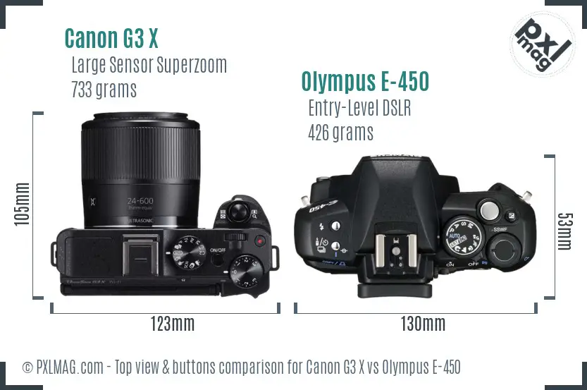 Canon G3 X vs Olympus E-450 top view buttons comparison