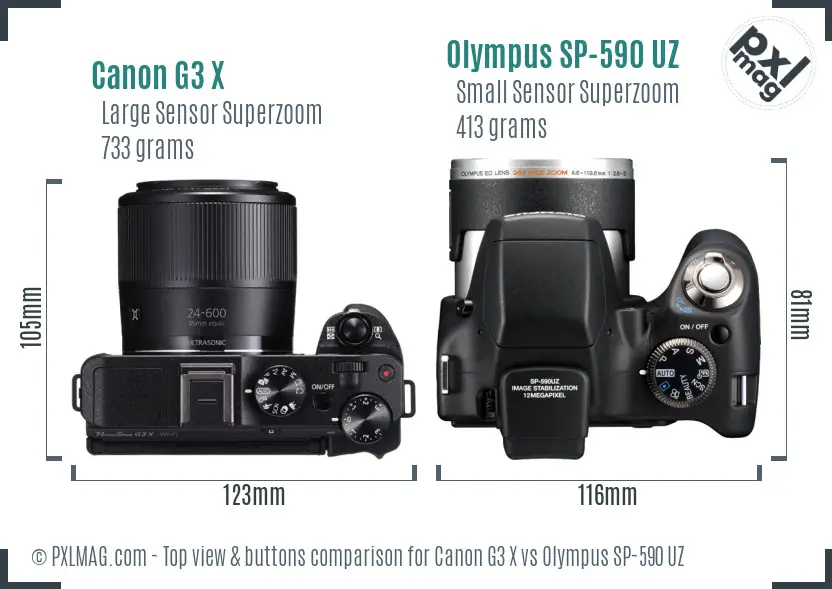 Canon G3 X vs Olympus SP-590 UZ top view buttons comparison
