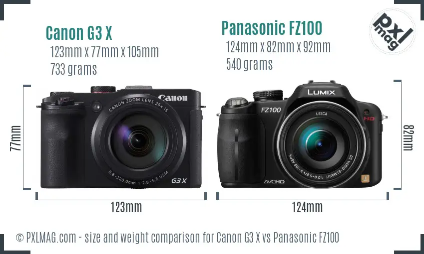 Canon G3 X vs Panasonic FZ100 size comparison