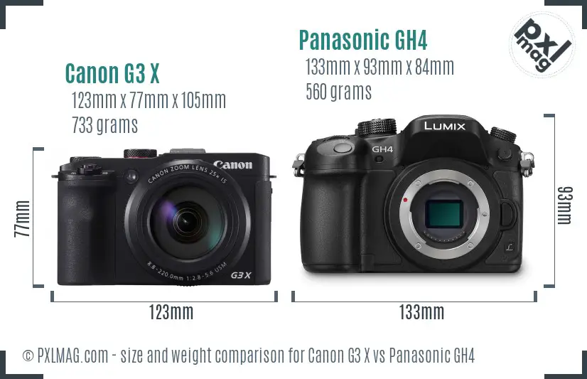 Canon G3 X vs Panasonic GH4 size comparison