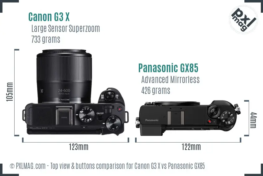 Canon G3 X vs Panasonic GX85 top view buttons comparison Canon G3 X vs Panasonic GX85 top view buttons comparison