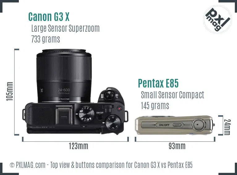 Canon G3 X vs Pentax E85 top view buttons comparison