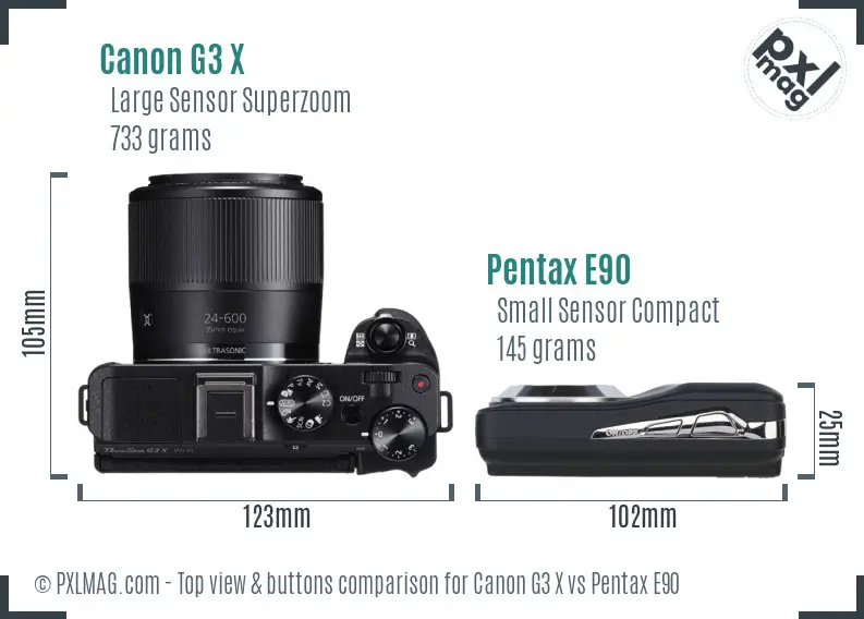 Canon G3 X vs Pentax E90 top view buttons comparison