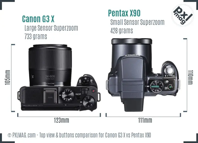 Canon G3 X vs Pentax X90 top view buttons comparison