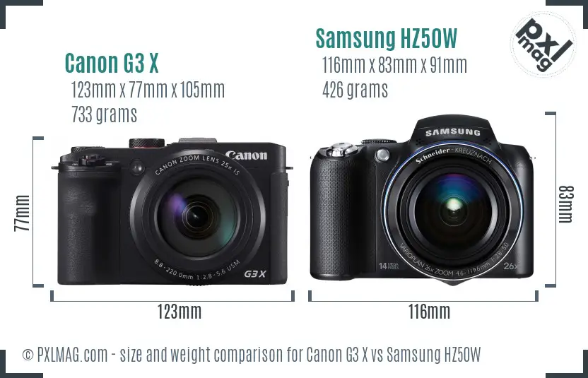 Canon G3 X vs Samsung HZ50W size comparison