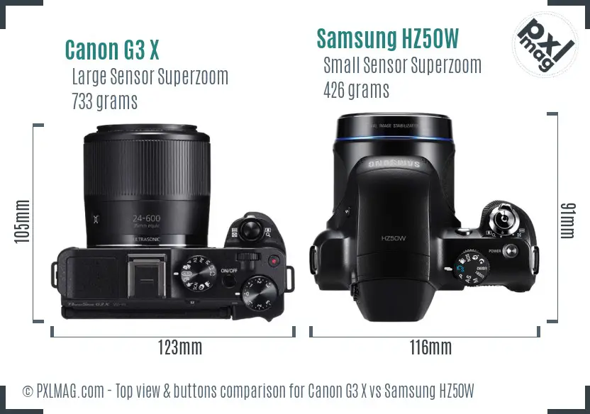 Canon G3 X vs Samsung HZ50W top view buttons comparison