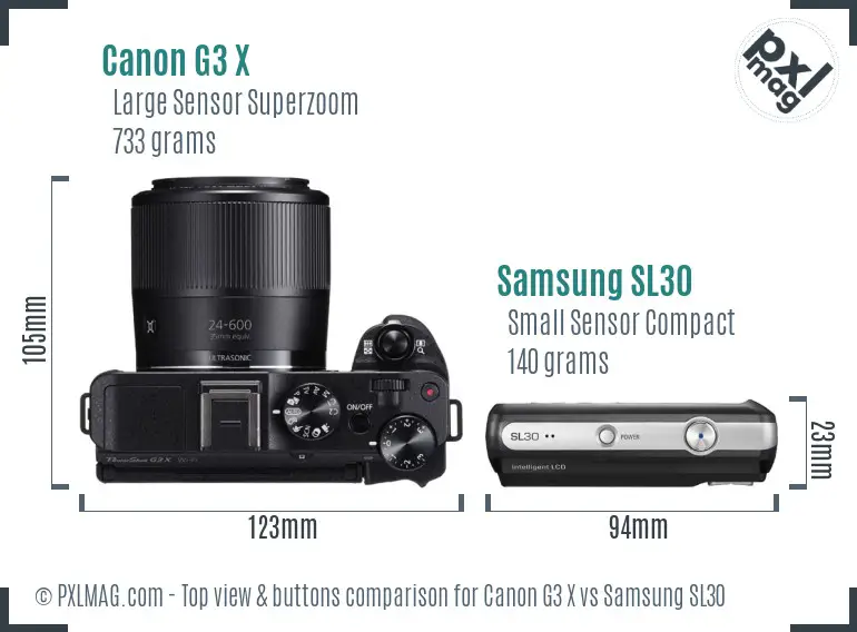 Canon G3 X vs Samsung SL30 top view buttons comparison