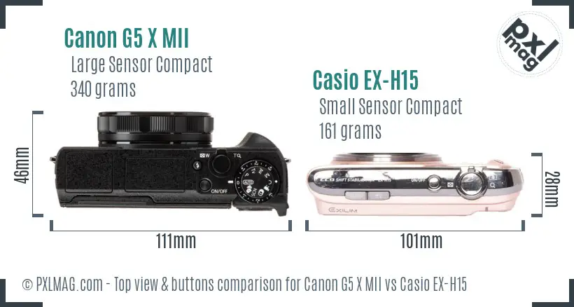 Canon G5 X MII vs Casio EX-H15 top view buttons comparison