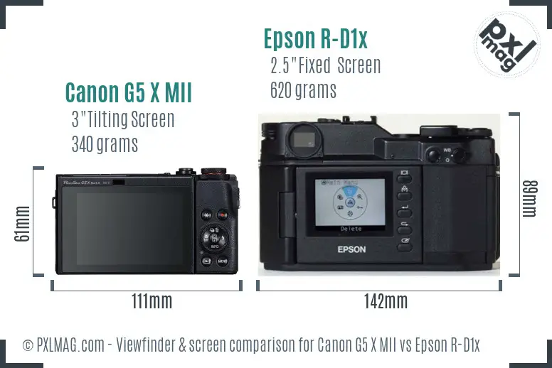 Canon G5 X MII vs Epson R-D1x Screen and Viewfinder comparison