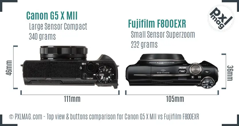 Canon G5 X MII vs Fujifilm F800EXR top view buttons comparison