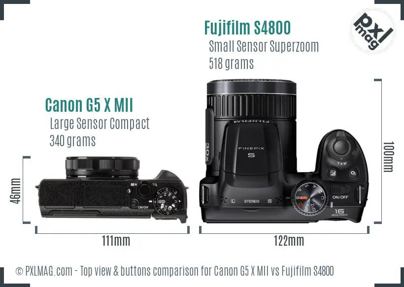 Canon G5 X MII vs Fujifilm S4800 top view buttons comparison