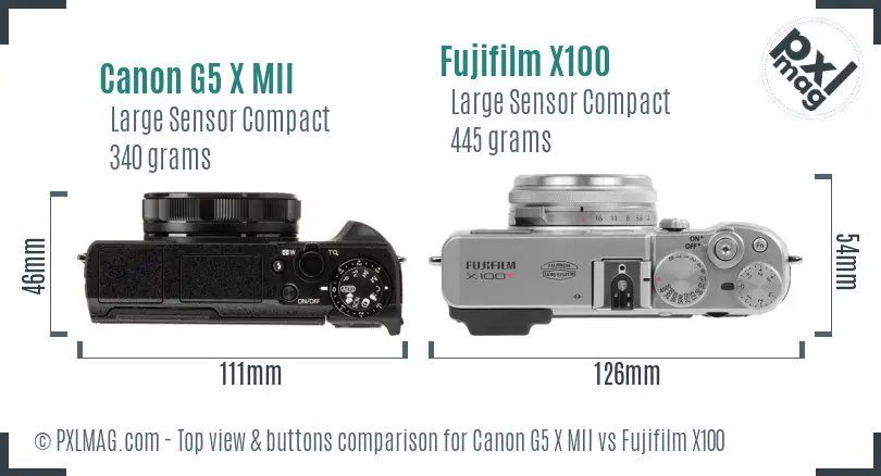 Canon G5 X MII vs Fujifilm X100 top view buttons comparison