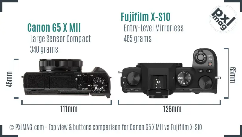 Canon G5 X MII vs Fujifilm X-S10 top view buttons comparison