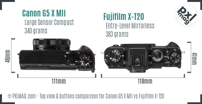 Canon G5 X MII vs Fujifilm X-T20 top view buttons comparison