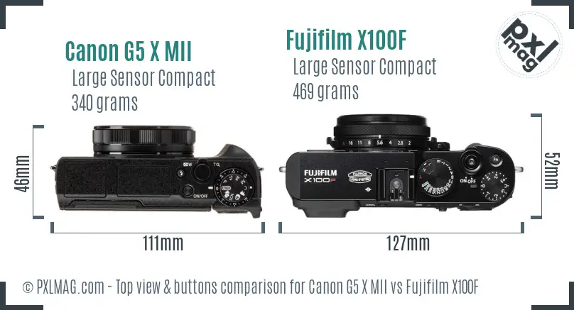Canon G5 X MII vs Fujifilm X100F top view buttons comparison