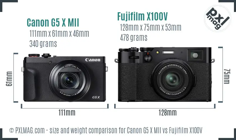 Canon G5 X MII vs Fujifilm X100V size comparison