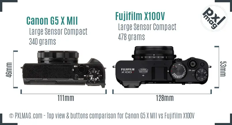 Canon G5 X MII vs Fujifilm X100V top view buttons comparison