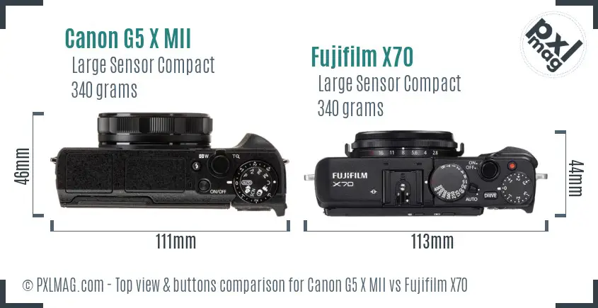 Canon G5 X MII vs Fujifilm X70 top view buttons comparison