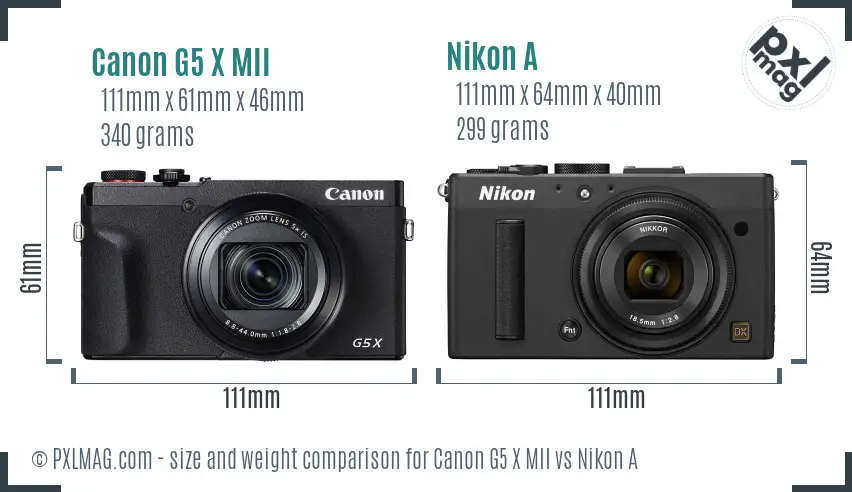 Canon G5 X MII vs Nikon A size comparison