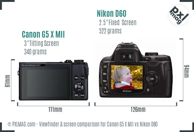 Canon G5 X MII vs Nikon D60 Screen and Viewfinder comparison