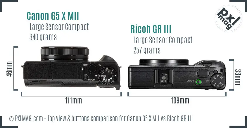 Canon G5 X MII vs Ricoh GR III top view buttons comparison