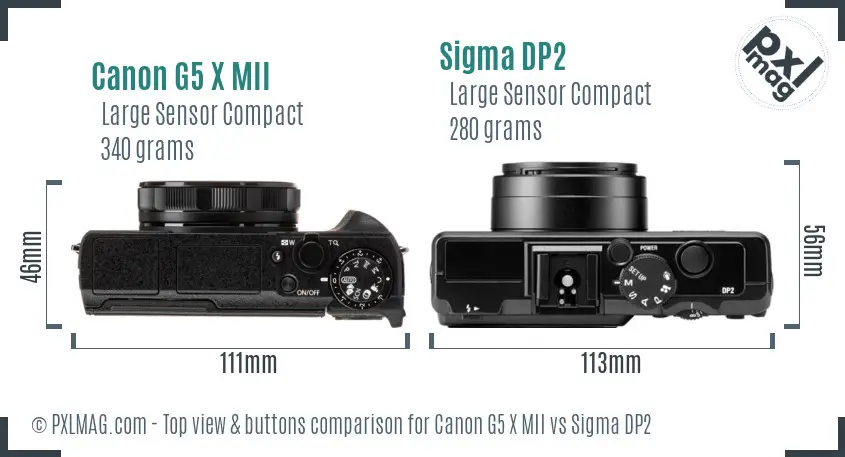 Canon G5 X MII vs Sigma DP2 top view buttons comparison