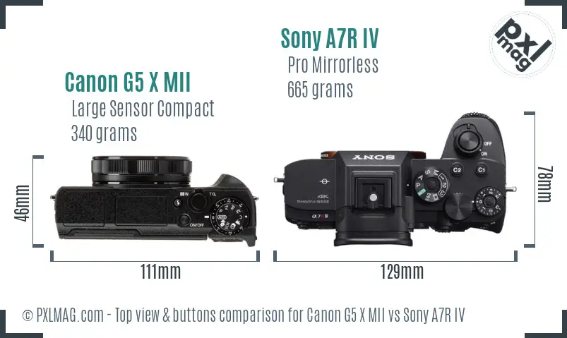 Canon G5 X MII vs Sony A7R IV top view buttons comparison