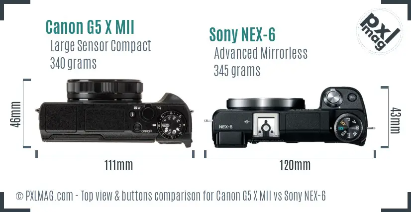 Canon G5 X MII vs Sony NEX-6 top view buttons comparison