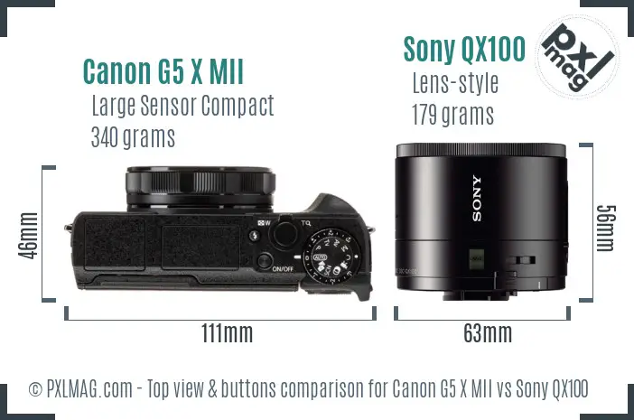 Canon G5 X MII vs Sony QX100 top view buttons comparison