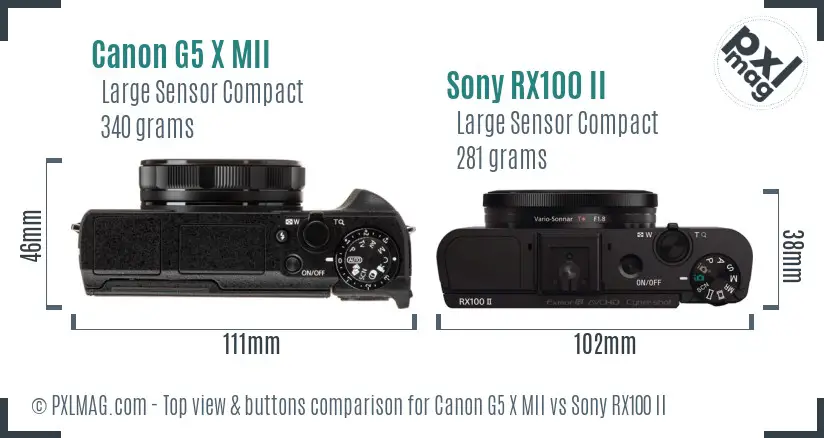 Canon G5 X MII vs Sony RX100 II top view buttons comparison