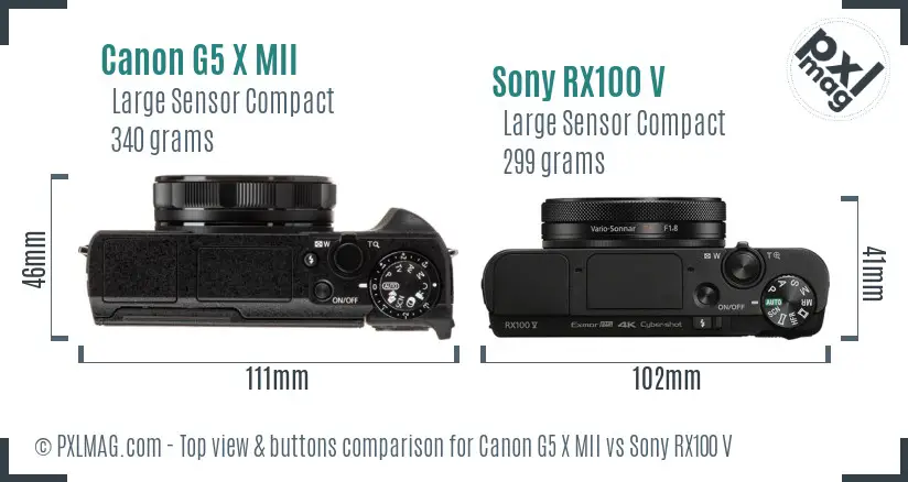 Canon G5 X MII vs Sony RX100 V top view buttons comparison