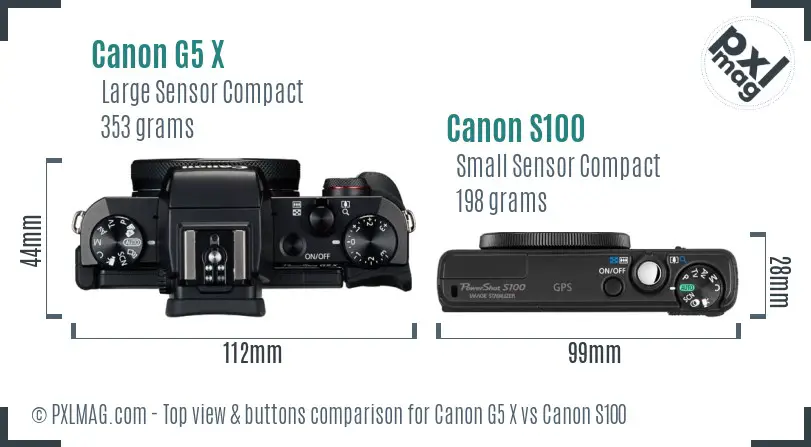 Canon G5 X vs Canon S100 top view buttons comparison