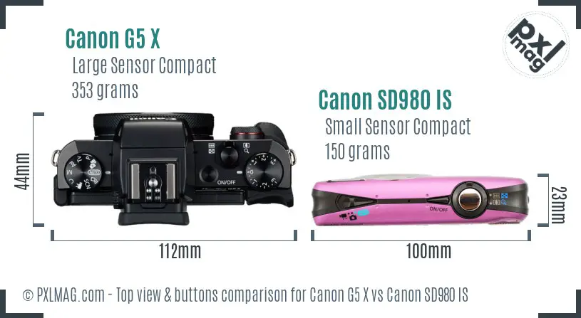 Canon G5 X vs Canon SD980 IS top view buttons comparison