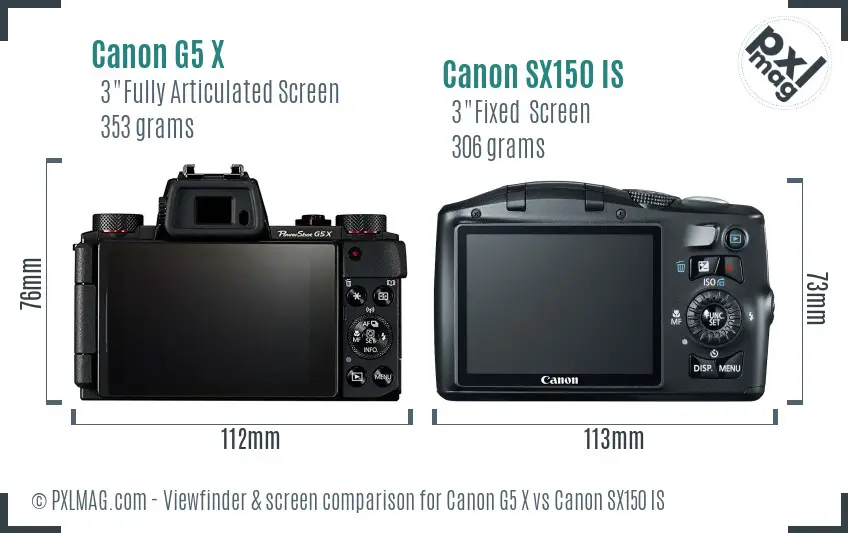 Canon G5 X vs Canon SX150 IS Screen and Viewfinder comparison