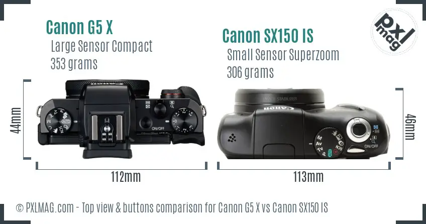 Canon G5 X vs Canon SX150 IS top view buttons comparison