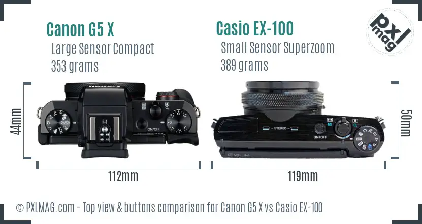 Canon G5 X vs Casio EX-100 top view buttons comparison