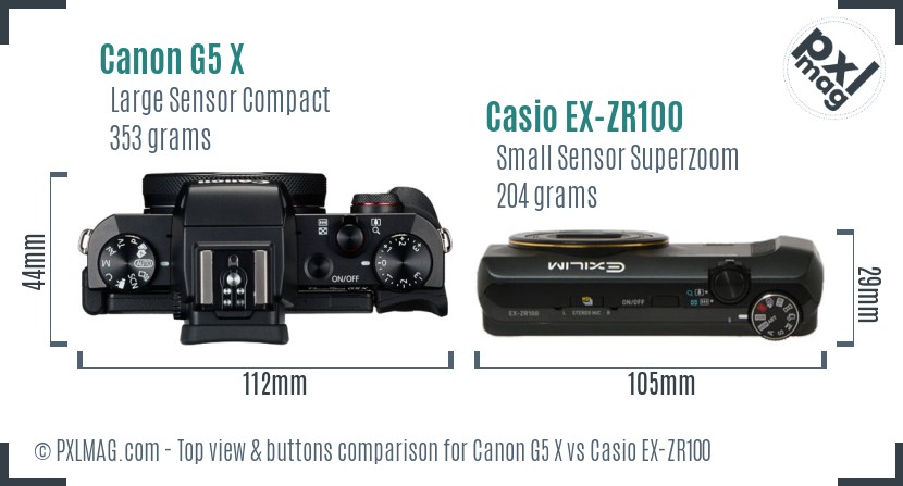 Canon G5 X vs Casio EX-ZR100 top view buttons comparison