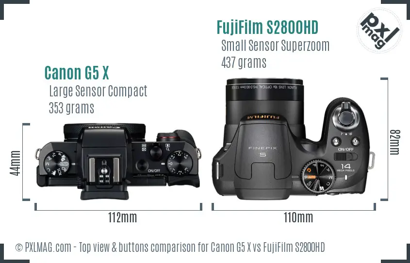 Canon G5 X vs FujiFilm S2800HD top view buttons comparison