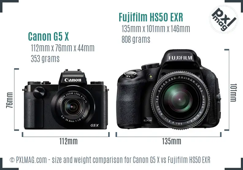 Canon G5 X vs Fujifilm HS50 EXR size comparison