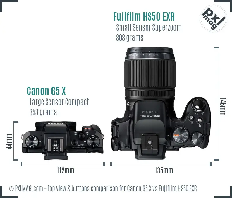Canon G5 X vs Fujifilm HS50 EXR top view buttons comparison