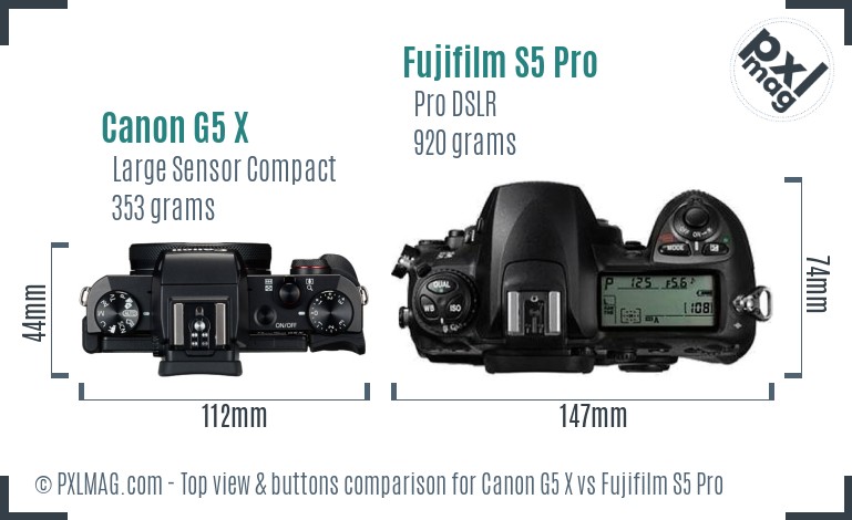 Canon G5 X vs Fujifilm S5 Pro top view buttons comparison