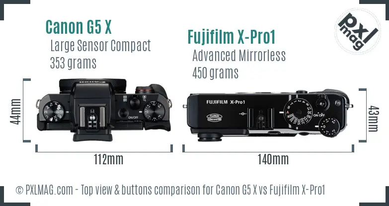 Canon G5 X vs Fujifilm X-Pro1 top view buttons comparison
