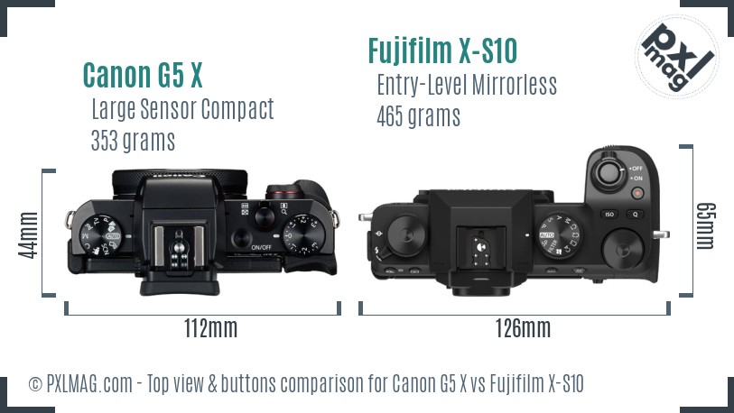 Canon G5 X vs Fujifilm X-S10 top view buttons comparison