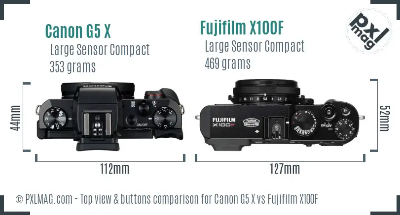 Canon G5 X vs Fujifilm X100F top view buttons comparison
