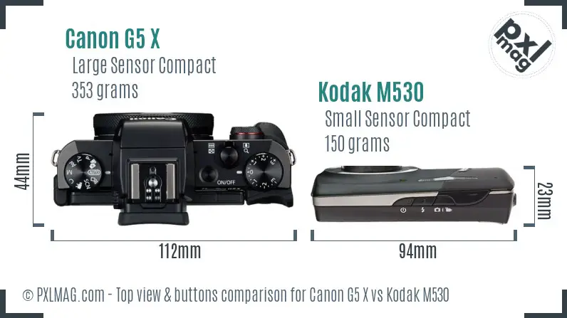 Canon G5 X vs Kodak M530 top view buttons comparison