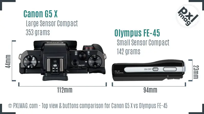 Canon G5 X vs Olympus FE-45 top view buttons comparison