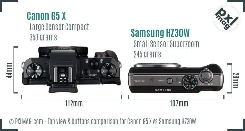 Canon G5 X vs Samsung HZ30W top view buttons comparison