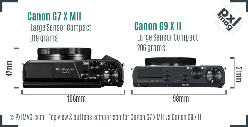 Canon G7 X MII vs Canon G9 X II top view buttons comparison