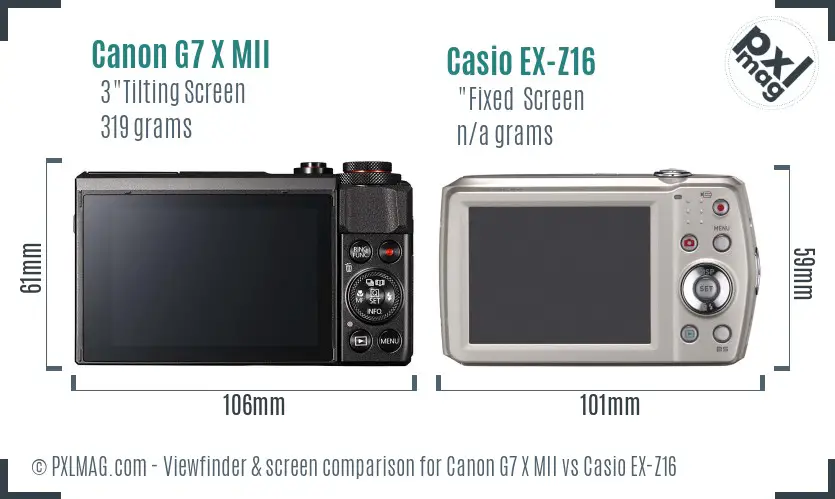Canon G7 X MII vs Casio EX-Z16 Screen and Viewfinder comparison